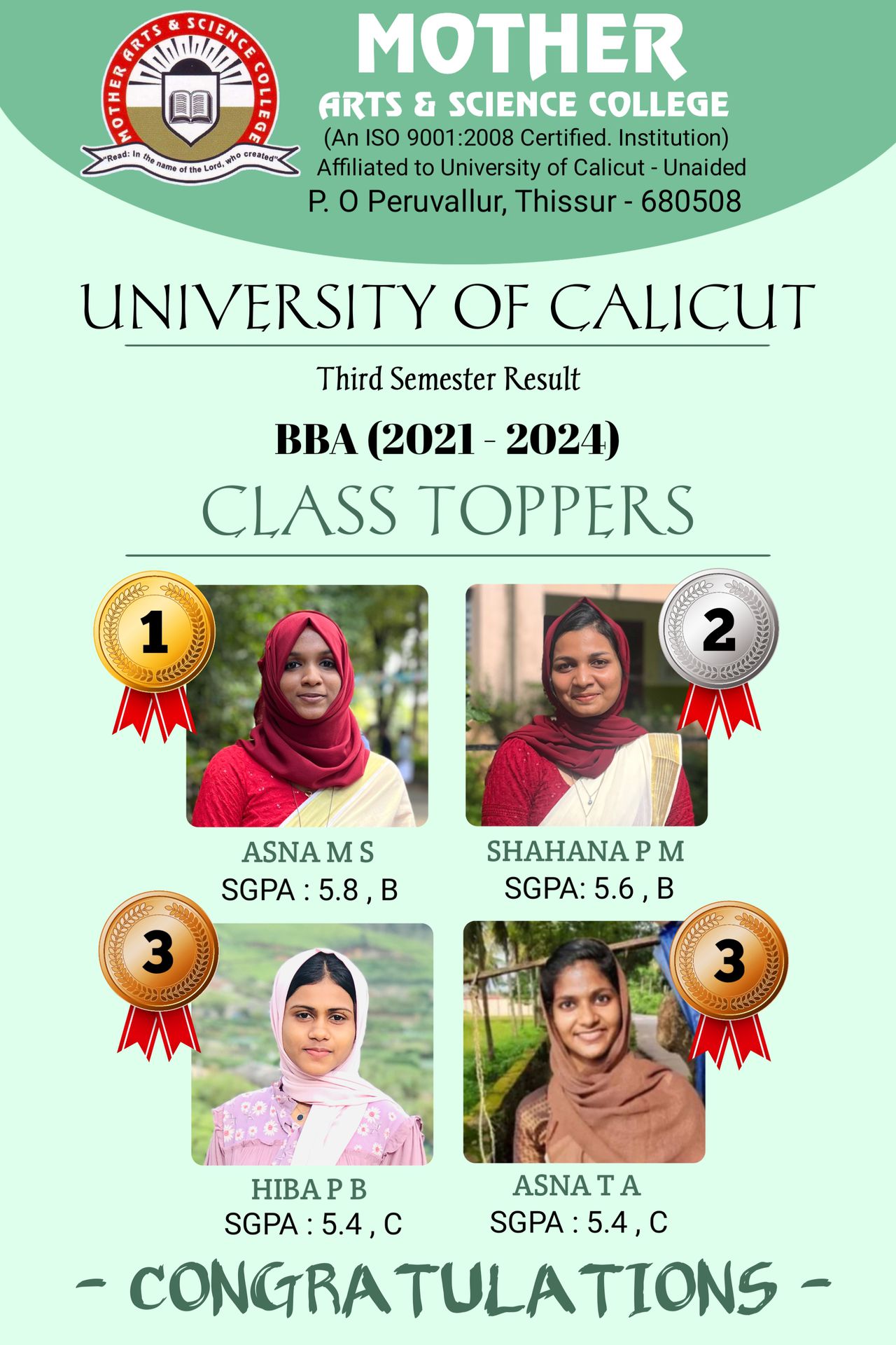 University Of Calicut Third Semester Result BBA (2021-24) class Toppers