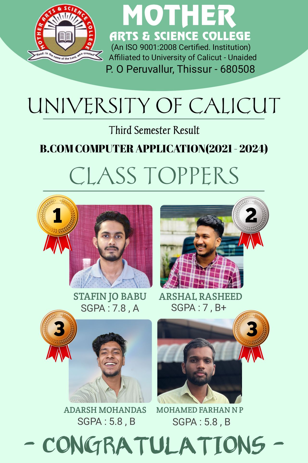 University Of Calicut Third Semester Result B.COM Computer Application  (2021-24) class Toppers