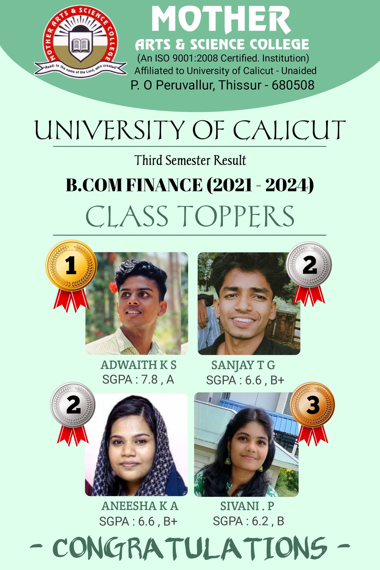 University Of Calicut Third Semester Result B.COM Finance (2021-24) class Toppers